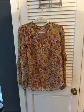 LOFT Pink Floral Split-Neck Blouse